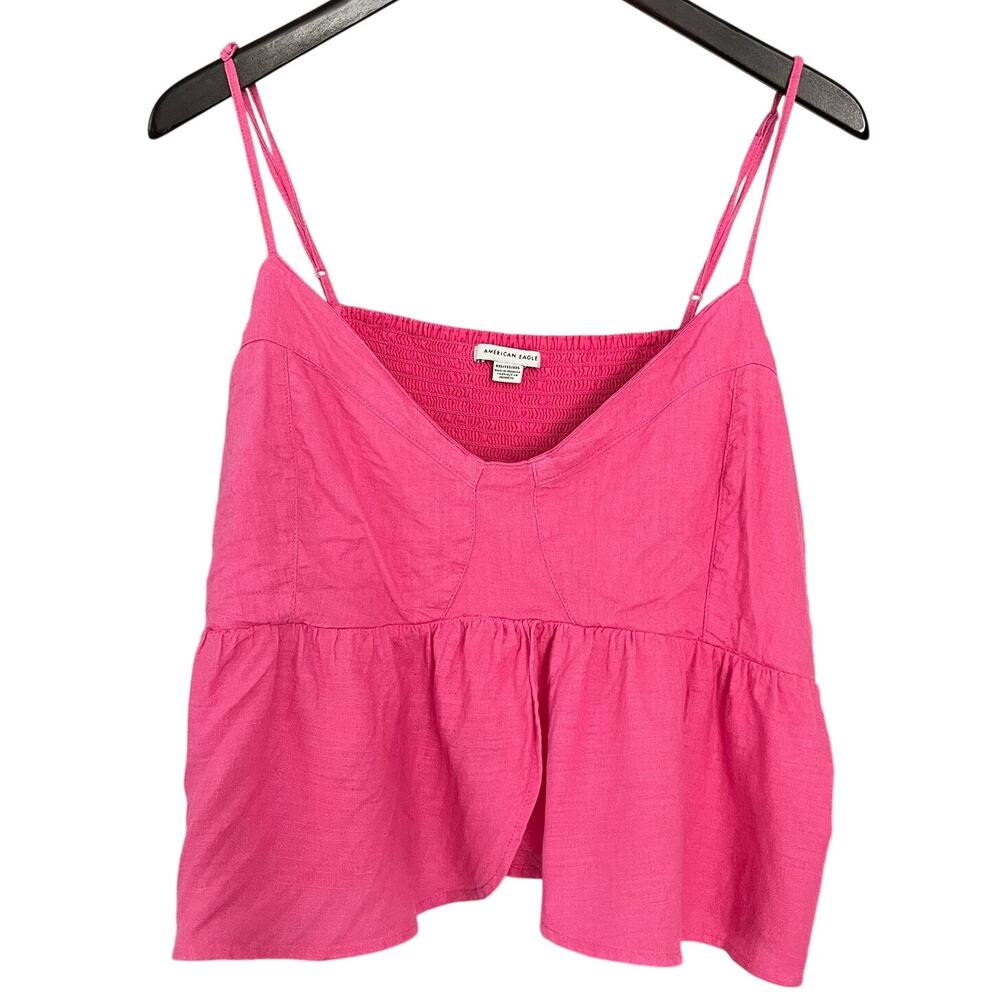 American Eagle Hot Pink Linen Viscose Babydoll Cami Tank Top Smocked Back XXL